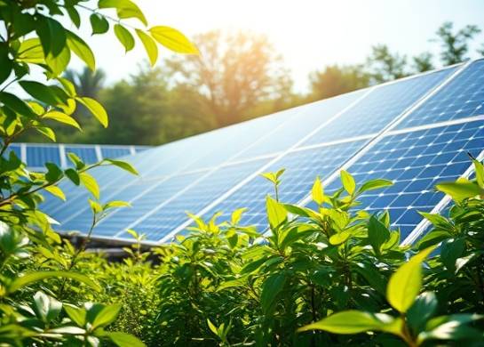 eco-friendly HDPE sustainability, confident, contributing to a green environment, photorealistic, surrounded by lush greenery and solar panels, highly detailed, wind gently blowing leaves, ultra HD, fresh green hues, backlit with sunlight, shot with a 24mm wide-angle lens.