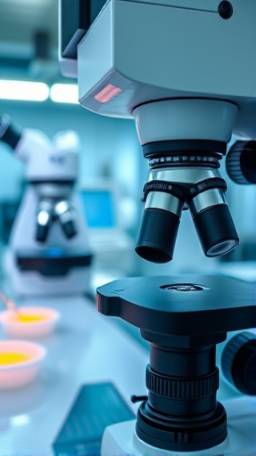 advanced HDPE material, inquisitive, being microscopically analyzed, photorealistic, in a cleanroom with scientific equipment, highly detailed, particles and chemical reactions, 8k clarity, cool tones, fluorescent lighting, shot with a 105mm macro lens.