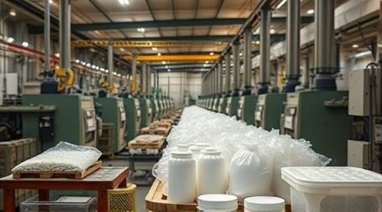 versatile HDPE ecofriendly, serene, being molded into new products, photorealistic, within an eco-conscious factory with renewable energy sources, highly detailed, machines operating efficiently, 4k definition, earthy tones, ambient light, shot with a 35mm lens.