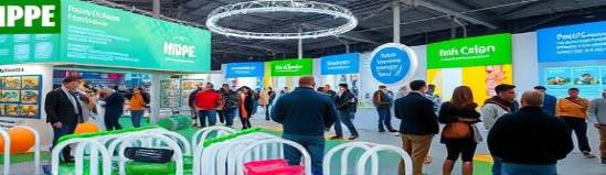 innovative HDPE recycling, optimistic, showcased in a circular economy model, photorealistic, in an interactive exhibition with informative displays, highly detailed, crowds engaging and learning, UHD, varied colors, soft natural light, shot with an 85mm lens.
