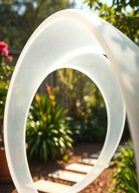 translucent HDPE plastic, semi-transparent quality, curving gracefully, photorealistic, outdoors in a sunny garden, highly detailed, sunlight passing through, wide-angle view, transparent white, natural sunlight, shot with a 35mm wide-angle lens.