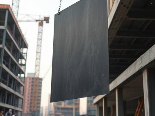 matte HDPE sheet, understated finish, hanging vertically, photorealistic, amidst a construction site, highly detailed, dust particles in air, observational perspective, dark gray, diffused daylight, shot with a 28mm prime lens.