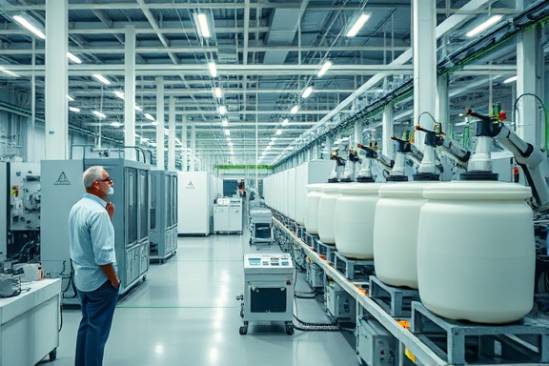 modern HDPE production plant, focused and precise, engineers monitoring machines, photorealistic, clean factory floor with robotic arms and storage tanks, highly detailed, hum of state-of-the-art technology, crisp resolution, white and green hues, LED lighting, shot with a macro lens.