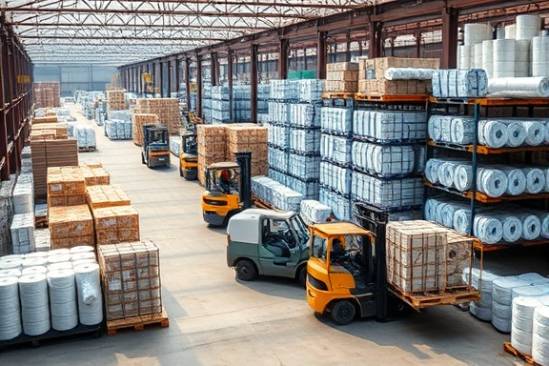 sprawling HDPE production site, expansive and efficient, forklifts transporting pallets, photorealistic, outdoor storage yard filled with stacks of HDPE rolls, highly detailed, motion of industrial logistics, precise clarity, earthy browns and metallic reflections, diffuse midday sunlight, shot with a telephoto lens.