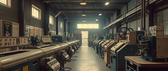 historical HDPE industry documentation, nostalgic and retrospective, vintage machines operating, photorealistic, dimly lit archival exhibit with posters and antique apparatus, highly detailed, stillness of past innovation, grainy texture, sepia with muted blues, spotlight ambient lighting, shot with a prime lens.