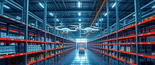 advanced HDPE industry operation, futuristic and streamlined, autonomous drones scanning inventory, photorealistic, sprawling warehouse with digital displays and sensors, highly detailed, automation revolution, ultra-high definition, silver and neon accents, ambient reflective lighting, shot with a drone camera.