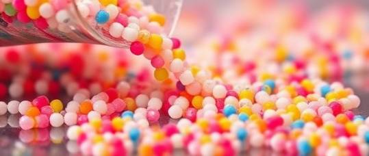 artistic HDPE material close-up, intriguing and abstract, slowly pouring polymer granules, photorealistic, magnified view of tiny pellets on a glass surface, highly detailed, the flow of creativity, hyper-detailed clarity, vibrant multi-colored spectrum, studio spotlighting, shot with a macro lens.