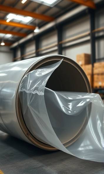 flexible plastic sheets, inviting, being rolled into a drum, photorealistic, set in an industrial warehouse, highly detailed, with visible dust particles, crisp focus, clear and matte, warm lighting, shot with a wide-angle lens.
