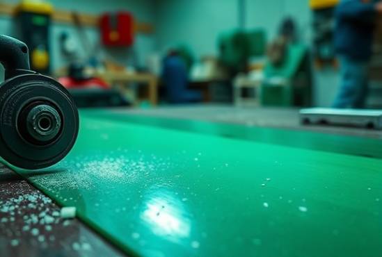 smooth HDPE plastic, serene, being cut with a rotary tool, photorealistic, inside a busy workshop, highly detailed, scattering of plastic shavings, extreme sharpness, green and clear, spotlight lighting, shot with a 100mm telephoto lens.
