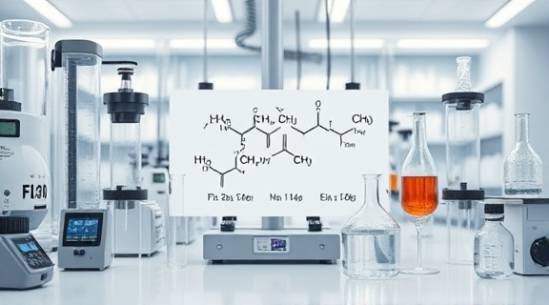 foodsafety HDPE sheets, innovative, positioned in a laboratory setting, photorealistic, amid digital measuring devices, highly detailed, static overlays of chemical formulas, full frame, white and gray, diffused lighting, shot with an 85mm prime lens.