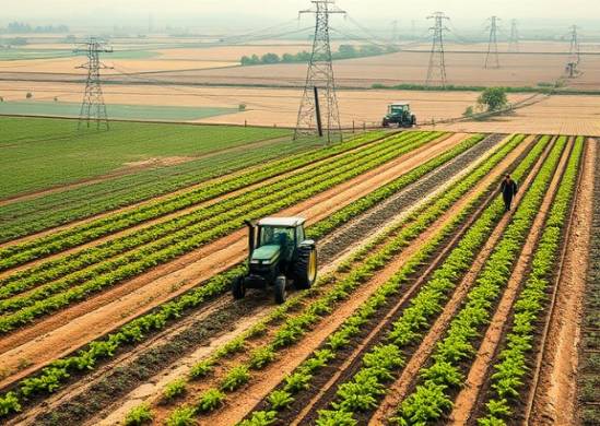 advanced HDPE agriculture, sustainable practices, nurturing crops, photorealistic, rural farmland with sprawling fields and equipment, highly detailed, farmers operating machinery, interactive irrigation systems, earthy tones, diffused daylight, shot with a telephoto lens.