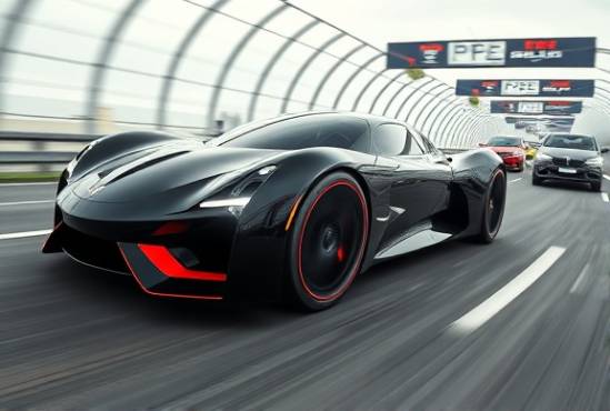 sleek HDPE automotive, futuristic design, accelerating forward, photorealistic, modern highway with bustling traffic, highly detailed, motion blur of wheels, aerodynamic curves, glossy black with red trimmings, dynamic headlights, shot with a fisheye lens.