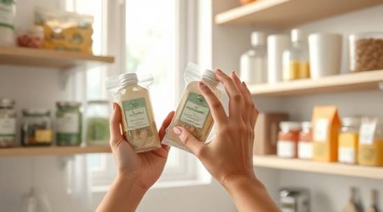 transparent HDPE packaging, eco-friendly design, highlighting functionality, photorealistic, serene kitchen interior with organized shelves, highly detailed, hands reaching for products, clear visibility of contents, pastel tones, natural window light, shot with a macro lens.