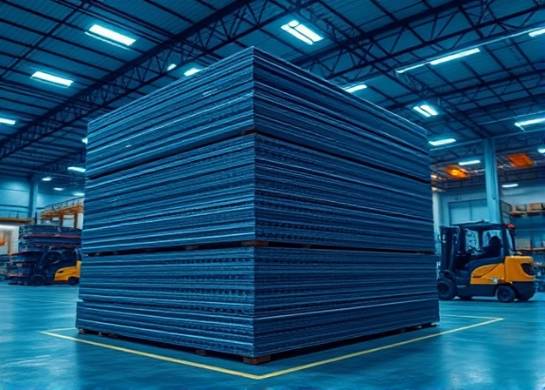 precisely cuttosize HDPE, precise, displaying stack of uniform sheets, photorealistic, in an industrial warehouse setting, highly detailed, with forklifts moving in the background, ultra-high definition, deep blue, bright overhead fluorescent lights, shot with a wide-angle lens.