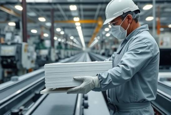 versatile HDPE material, pristine, being handled by a worker in protective gear, photorealistic, in a bustling manufacturing plant, highly detailed, with conveyor belts and assembly lines in motion, 4k definition, neutral gray, soft spotlight illumination, shot with a telephoto lens.