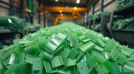 recyclable HDPE plastic, clean, material ready for fabrication, photorealistic, inside a sustainable facility, highly detailed, with sorting machinery in the background, full HD, muted green, warm ambient lighting, shot with a macro lens.