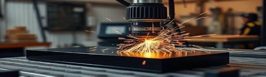 custom HDPE fabrication, innovative, being crafted with precision tools, photorealistic, in a contemporary workshop environment, highly detailed, sparks flying from a cutting machine, high definition, glossy black, focused LED lighting, shot with a standard 50mm lens.