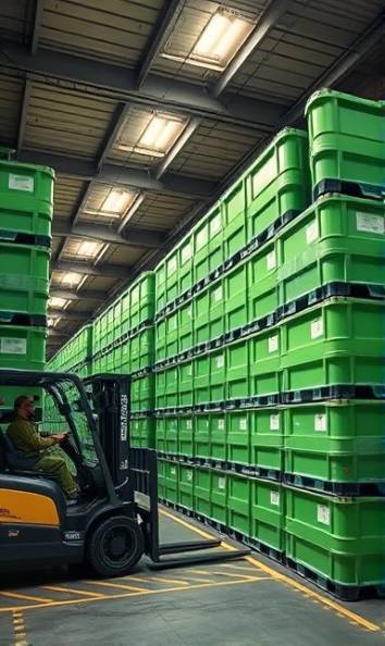 robust HDPE containers, adaptability, aligned methodically, photorealistic, industrial storage facility with forklifts in motion, highly detailed, subtle reflections and shadows, crisp image clarity, green and black, fluorescent overhead lighting, shot with a 50mm lens