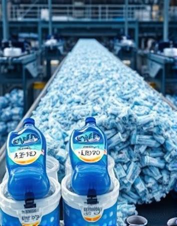 efficient HDPE recycling, sustainability, in the process of sorting, photorealistic, recycling plant with conveyor belts, highly detailed, dynamic motion of materials, intricate machinery details, blue and grey, diffused ambient lighting, shot with a 24mm lens