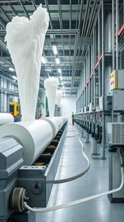 innovative HDPE production, precision engineering, in the midst of extrusion process, photorealistic, factory floor with advanced equipment and operators, highly detailed, steam and movement, high-definition textures, white and metallic, industrial lighting, shot with a macro lens