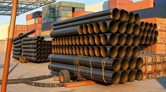 versatile HDPE pipes, function, stacked in preparation for transport, photorealistic, shipping yard with cargo crates, highly detailed, shadows cast by afternoon sun, detailed grain, black and rust, warm sunlight, shot with a 70mm lens