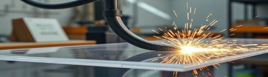 reflective HDPE sheets, clarity, being cut into shape, photorealistic, fabrication workshop with cutting tools, highly detailed, sparks flying from cutting action, fine structural detail, translucent and grey, bright focused light, shot with a 28mm lens