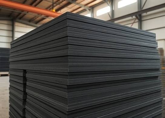 smooth hdpe sheets, matte, stacked in layers, photorealistic, in an open-air warehouse, highly detailed, the breeze slightly lifting edges, fine texture, charcoal black, diffused sunlight, shot with a 50mm lens