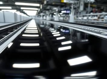 reflective black plastic sheet, shiny, slightly curved, photorealistic, on a production line, highly detailed, conveyor belt movement, precise surface texture, jet black, overhead fluorescent lighting, shot with an ultra-wide lens