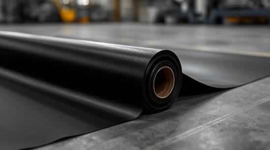 rolled polyethylene sheet, satin finish, unrolling gently, photorealistic, on a factory floor, highly detailed, slight dust particles in air, smooth and even surface, ebony black, stark industrial lighting, shot with a macro lens