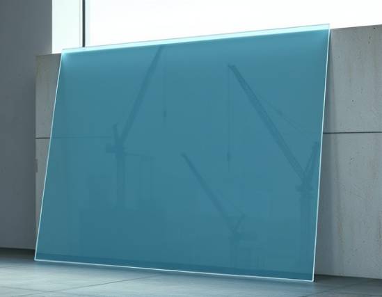 translucent hdpe sheets, glossy, leaning against a wall, photorealistic, construction site with cranes visible through the sheets, highly detailed, faint reflections, 85mm lens, light blue tint, soft diffused lighting