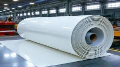 versatile hdpe material, shiny, rolled neatly, photorealistic, a manufacturing plant with tools and workers, highly detailed, slight shadow play, 100mm macro lens, neutral colors, ambient lighting