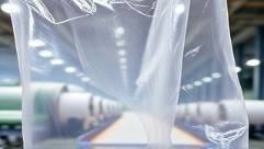 recyclable plastic sheets, transparent, waving slightly like fabric, photorealistic, a recycling facility with conveyor belts in the background, highly detailed, slight crinkles, 35mm lens, mostly clear with occasional light distortion, bright industrial lighting