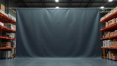 heavy-duty industrial sheets, matte, draped over a metal frame, photorealistic, large storage area with shelves and containers, highly detailed, subtle texture, 24mm wide-angle lens, dark gray, overhead fluorescent lighting