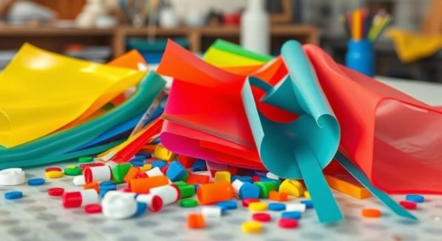 colorful industrial hdpe material, vibrant, scattered across a table, photorealistic, a design studio with art supplies visible, highly detailed, slight differences in thickness, 60mm lens, mixed colors, soft focus lighting