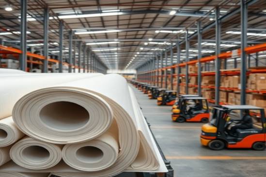 rolled hdpe sheets, smooth, placed on a shelf, photorealistic, busy warehouse with forklifts moving, highly detailed, subtle indents, 50mm lens, plain white, evenly distributed artificial lighting
