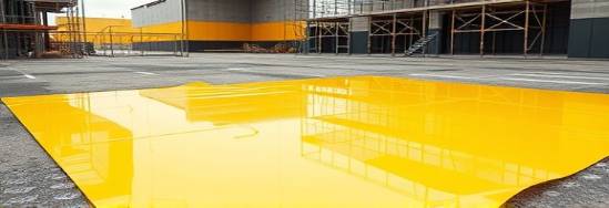 glossy plastic sheets, reflective, spread on the ground, photorealistic, a construction area with scaffolds, highly detailed, noticeable glare, 35mm lens, bright yellow, overcast lighting