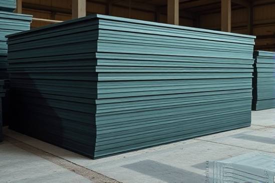 industrial hdpe sheets, matte finish, stacked haphazardly, photorealistic, dusty warehouse floor, highly detailed, visible points of wear, 28mm lens, dark green, shadowed lighting