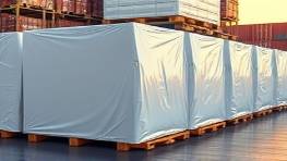 smooth plastic sheets, glistening, propped up against pallets, photorealistic, shipping dock with cargo visible, highly detailed, uniform sheen, 50mm lens, glossy white, evening golden hour lighting