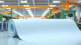 high-quality hdpe material, polished, in a roll, photorealistic, inside a factory with assembly lines, highly detailed, crisp edges, 100mm fixed lens, pale blue, soft halogen lighting