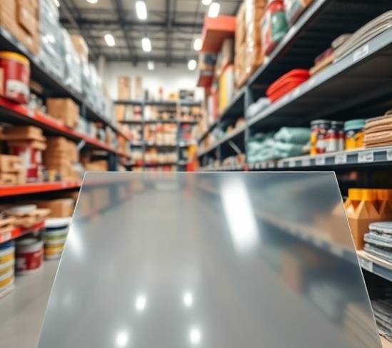 easy-to-handle hdpe sheets, reflective, layered over each other, photorealistic, retail hardware store with shelves of supplies, highly detailed, slight blurriness at the edges, 85mm prime lens, clear transparent color, bright white LED lighting