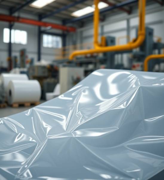 recyclable polyethylene sheets, glossy finish, twisted slightly, photorealistic, back room of a processing plant, highly detailed, minor cut marks, 55mm lens, translucent, ambient afternoon light